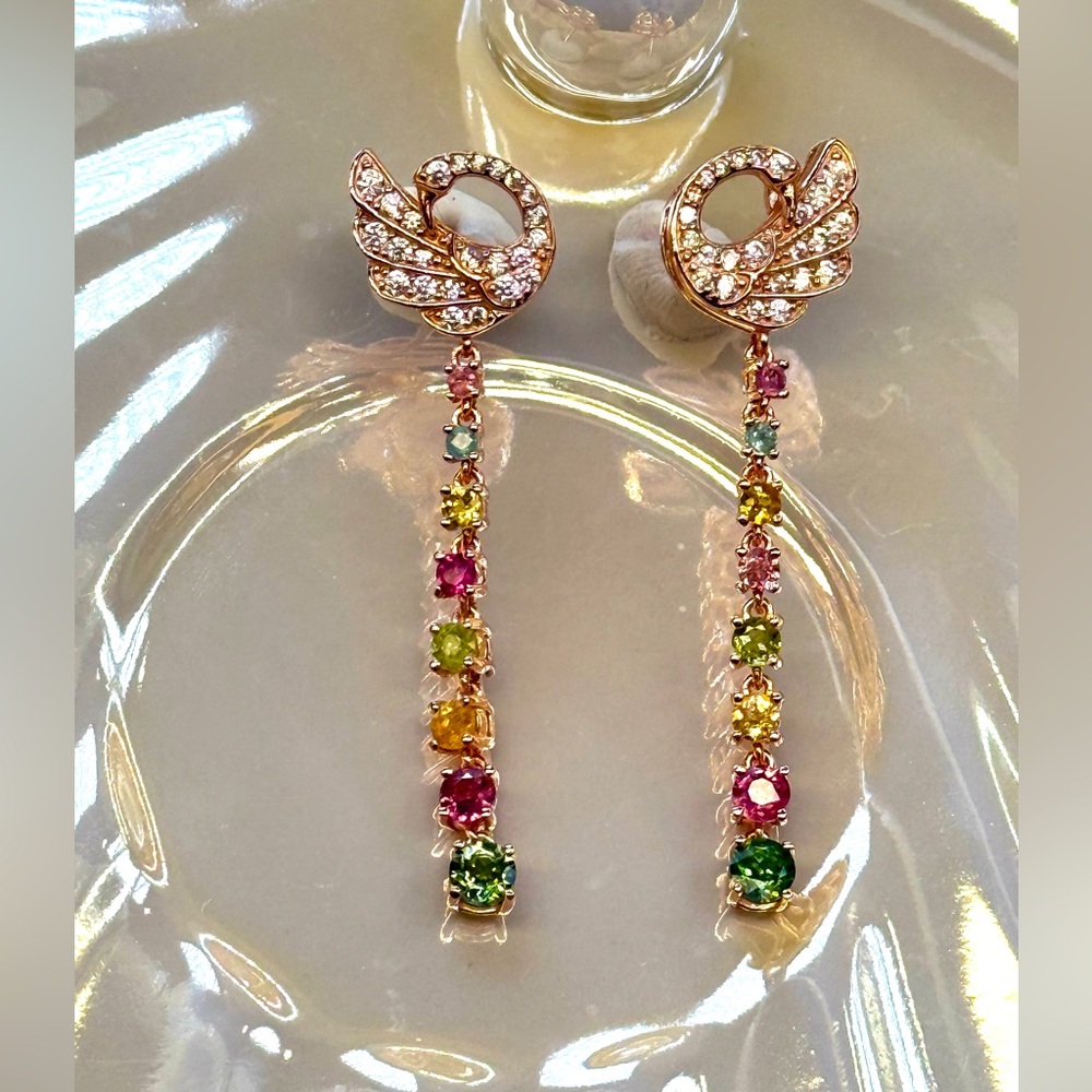 ETR3 2.3CT Natural Rainbow Tourmaline ART NOUVEAU SWAN Earrings 18KRoseGold S925